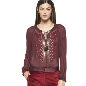 ALTUZARRA for TARGET Burgundy sheer embroidered blouse size XS